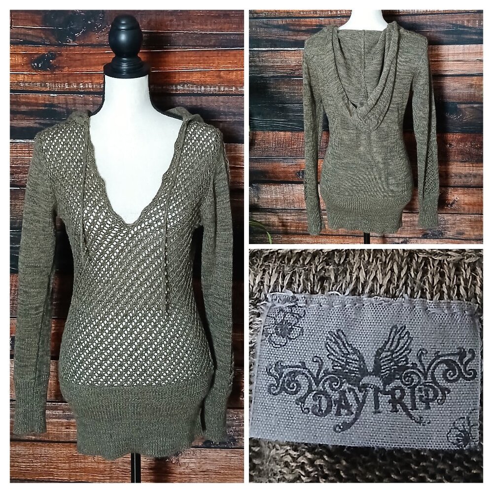 Daytrip Sweater M Olive Green Boho Open Weave Hooded Ramie Knit